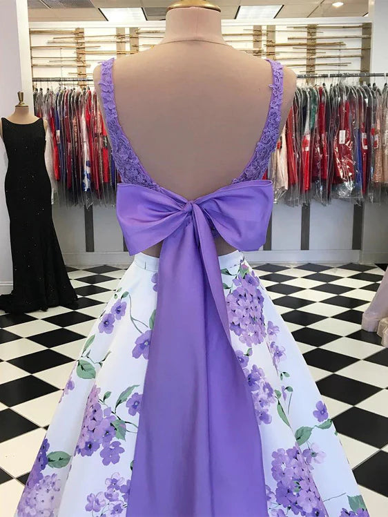 A Line Purple Floral Lace Two Piece Prom Dresses with Bowknot - MyChicDress