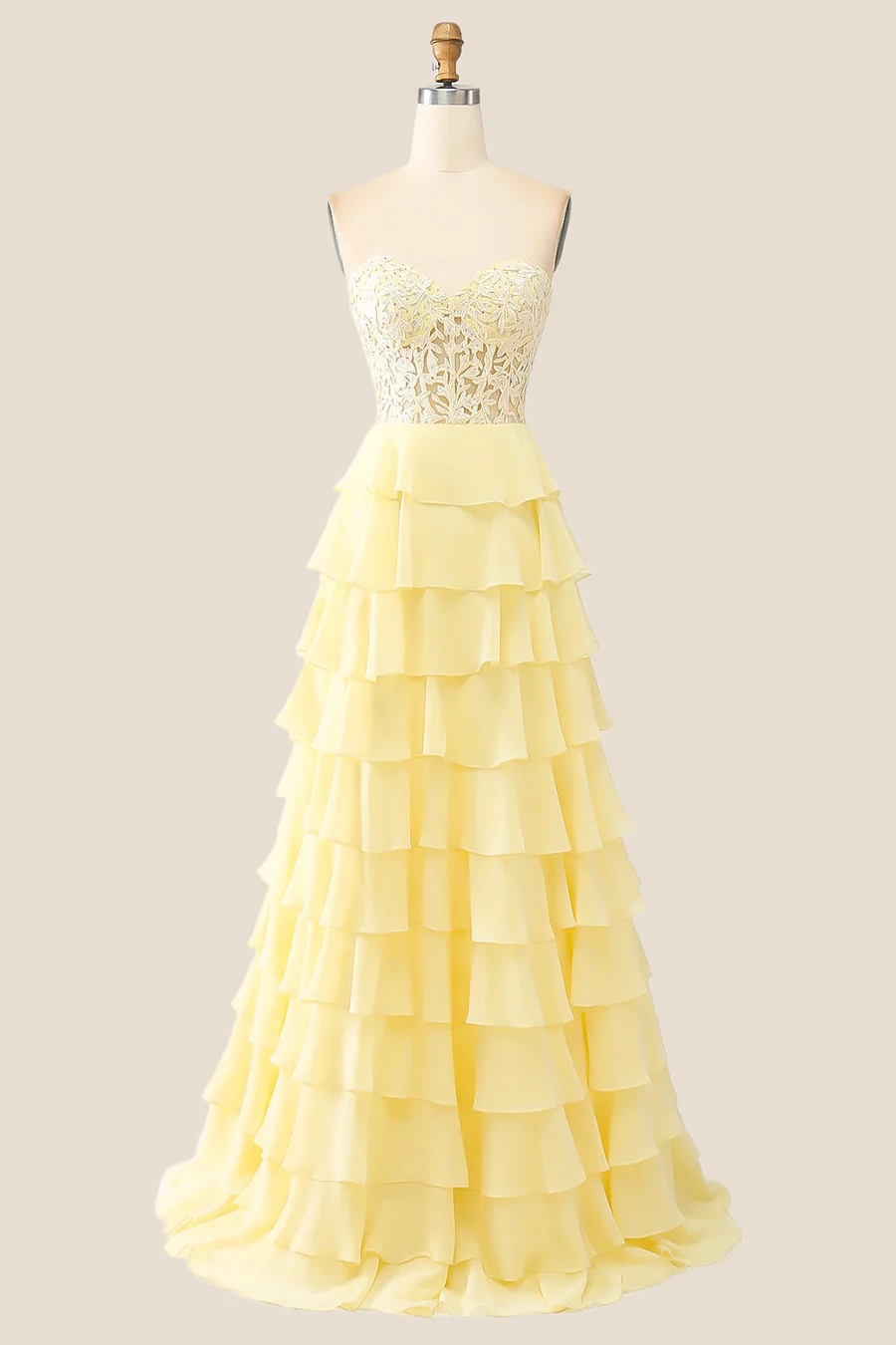 A Line Ruffles Yellow Tiered Formal Dress Sweetheart Appliques - MyChicDress
