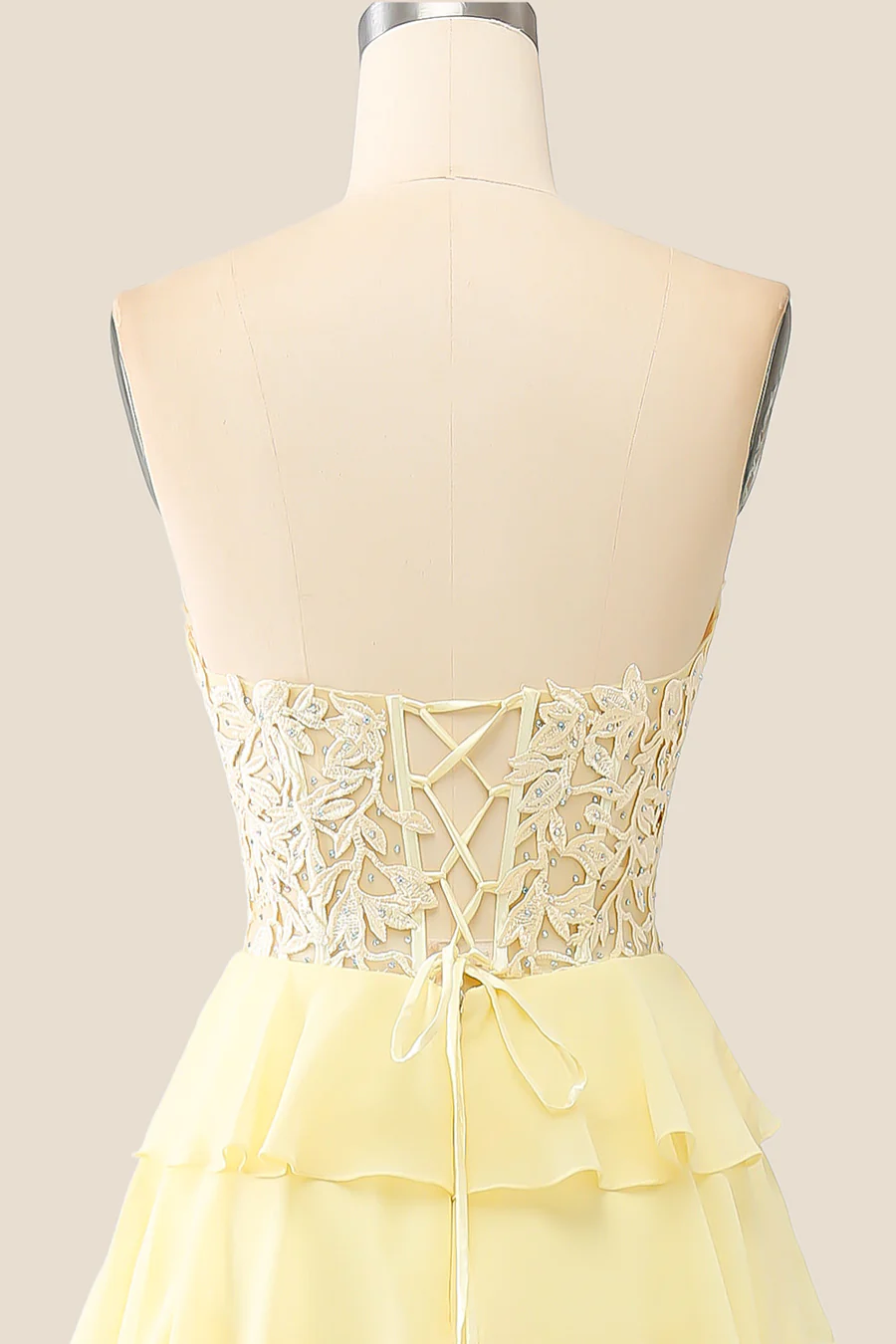 A Line Ruffles Yellow Tiered Formal Dress Sweetheart Appliques - MyChicDress
