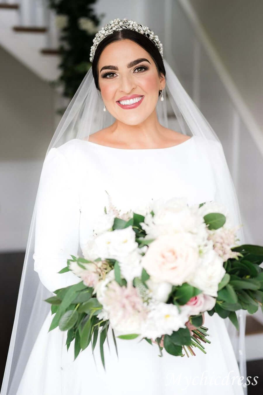 2025 A Line Satin Wedding Dresses Long Sleeves Jewel with Train - MyChicDress