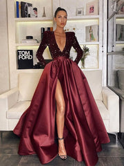 A Line 2025 Sequin burgundy Prom Dresses Long Sleeve Winter Formal Dress