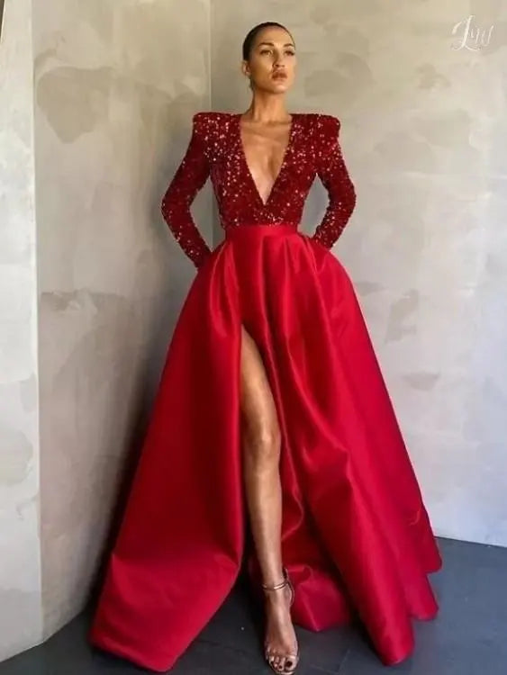 A Line 2025 Sequin red Prom Dresses Long Sleeve Winter Formal Dress