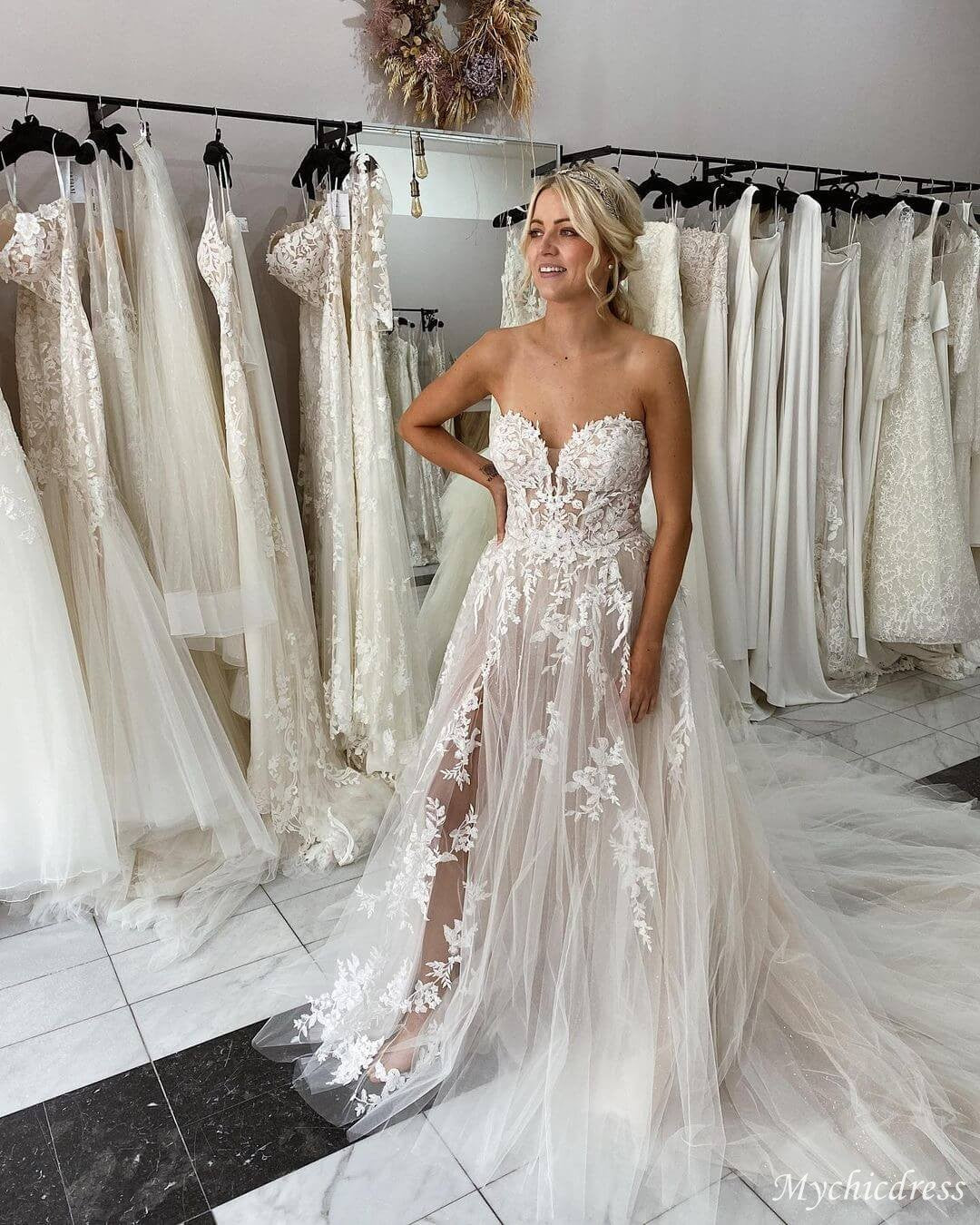 A Line Sweetheart Lace Summer Wedding Dresses Boho Tulle with slit