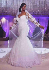 African Lace Wedding Dresses with Sleeves Long Mermaid Bridal Gown MyChicDress