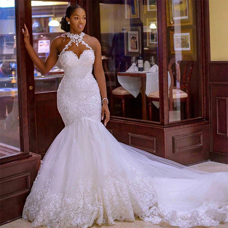 African Lace High Neck Wedding Dress Mermaid Tulle With Beading