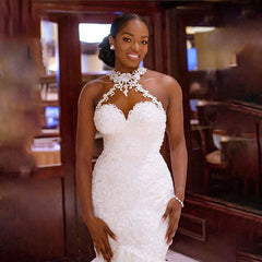 African Lace High Neck Wedding Dresses Mermaid Tulle With Beading