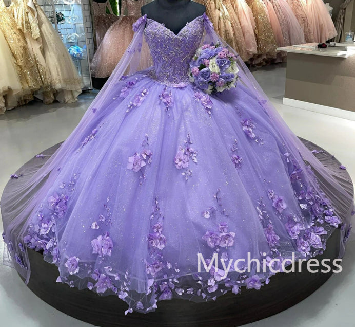 Ball Gown 2025 Quinceanera Dresses Purple With Cape 3D Flowers Tulle Sweetheart - MyChicDress