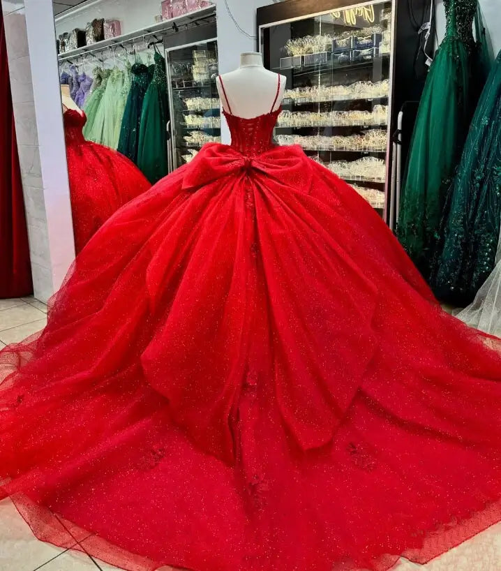 Ball Gown Straps Quinceanera Dresses Red Glitter Sweet 16 Birthday Dress
