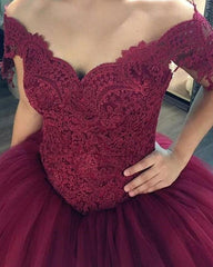 Ball Gowns Burgundy Wedding Dresses Lace Off The Shoulder Bridal Gown MyChicDress