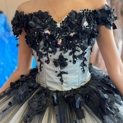 Vestido de fiesta 2024, 15 vestidos de quinceañera negros de cristal con flores 3D, vestido de cumpleaños para niña