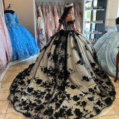 Vestido de fiesta 2024, 15 vestidos de quinceañera negros de cristal con flores 3D, vestido de cumpleaños para niña