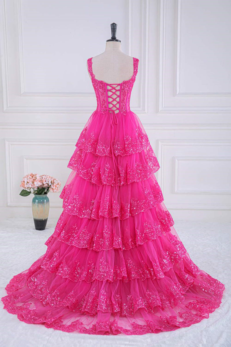 Ball Gown Corset Layered Fuchsia Prom Dresses Sweetheart Sequin - MyChicDress