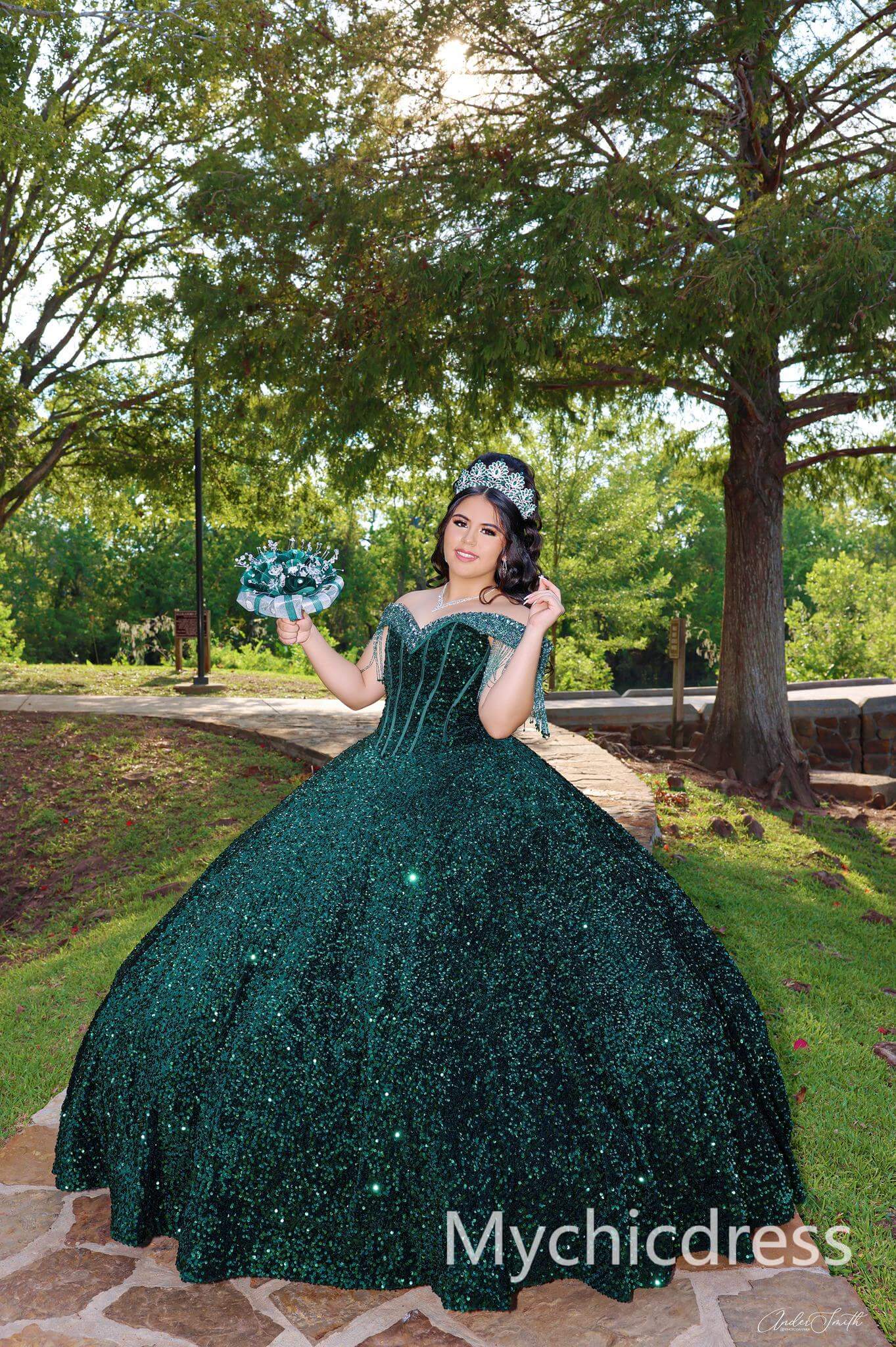 Ball Gown Emerald Green Sequin Quince Dresses Off the Shoulder - MyChicDress