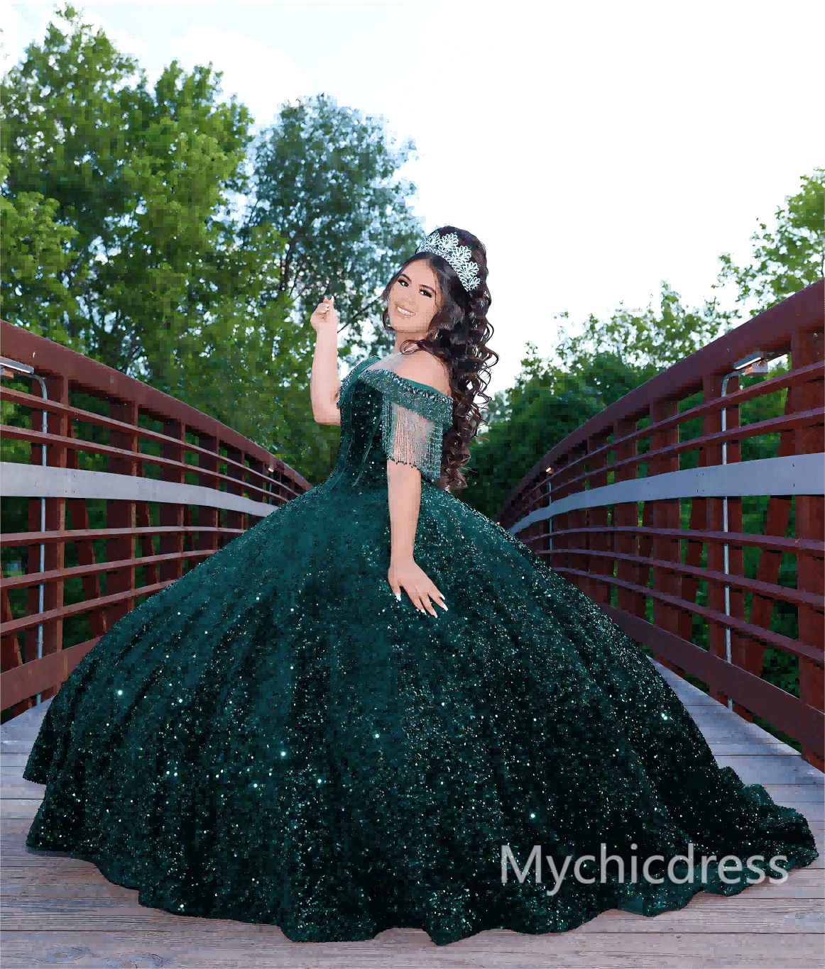 Ball Gown Emerald Green Sequin Quince Dresses Off the Shoulder - MyChicDress