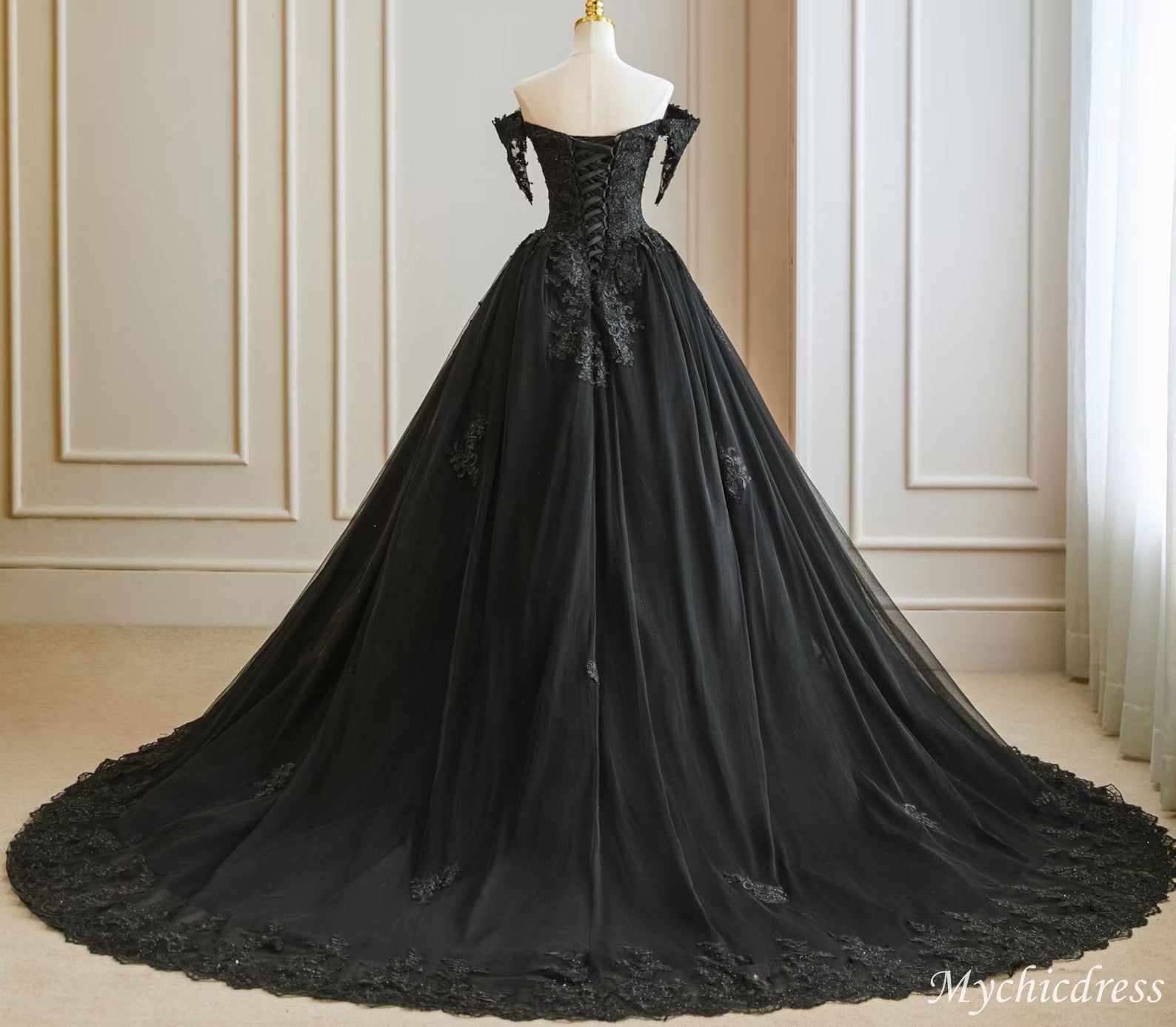 Ball Gown Lace Black Wedding Dress Beaded with Cold Shoulder - MyChicDress