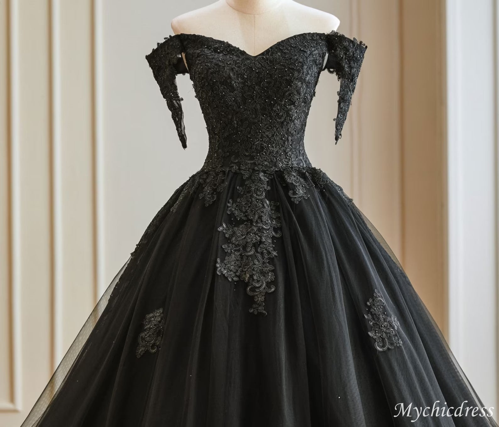 Ball Gown Lace Black Wedding Dress Beaded with Cold Shoulder - MyChicDress