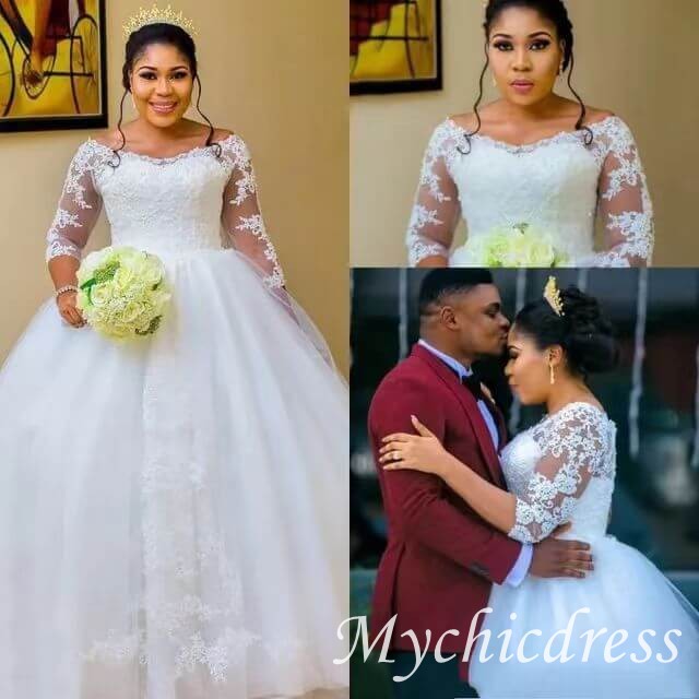 African Ball Gown Long Sleeves Plus Size Lace Wedding Dresses Jewel - MyChicDress