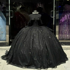 Ball Gown Shiny Black Quinceanera Dress Beaded Crystal Bow - MyChicDress