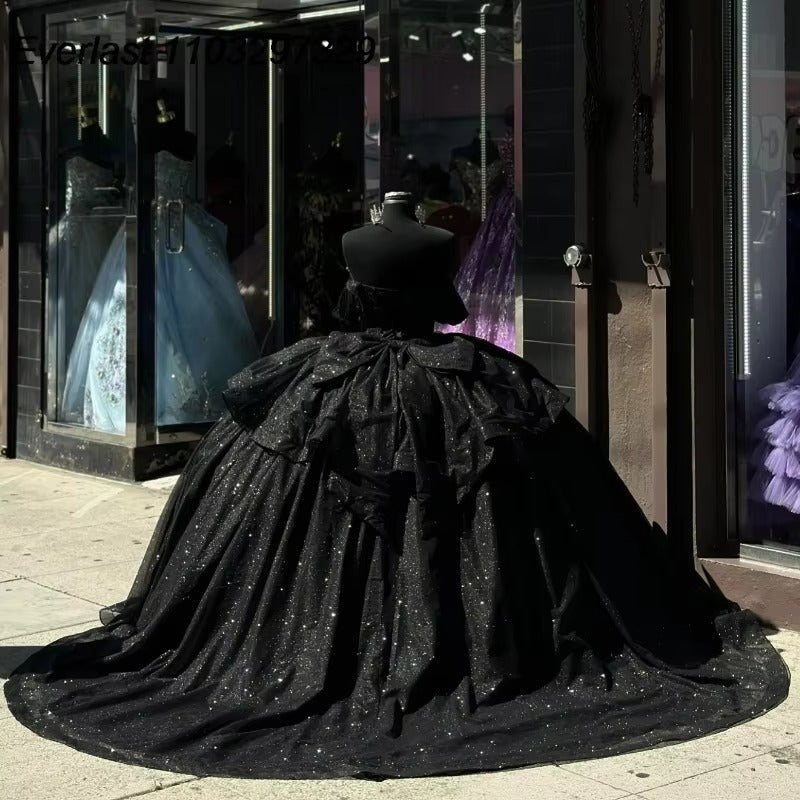 Ball Gown Shiny Black Quinceanera Dress Beaded Crystal Bow - MyChicDress