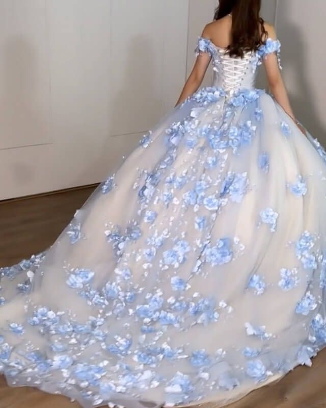 Ball Gown Sweet 16 Dress Light Blue Flowers Off The Shoulder Quinceanera Dresses - MyChicDress