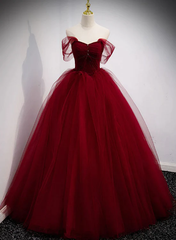 Vestido de fiesta de tul rojo vino para quinceañeras con hombros descubiertos