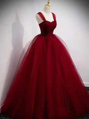 Vestido de fiesta de tul rojo vino para quinceañeras con hombros descubiertos