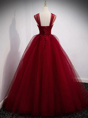 Vestido de fiesta de tul rojo vino para quinceañeras con hombros descubiertos