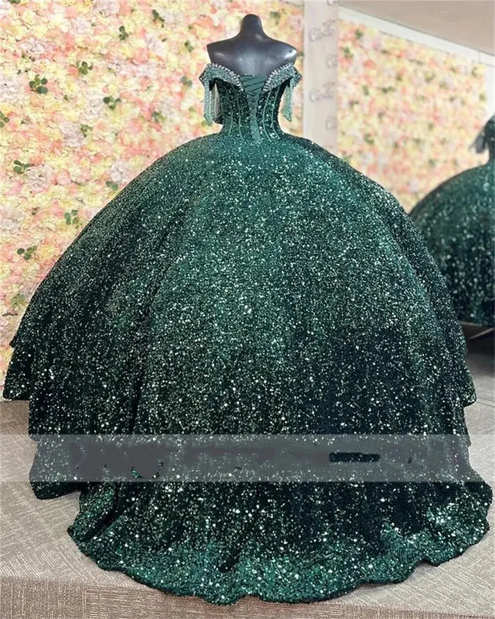 Ball Gown Emerald Green Sequin Quince Dresses Off the Shoulder - MyChicDress