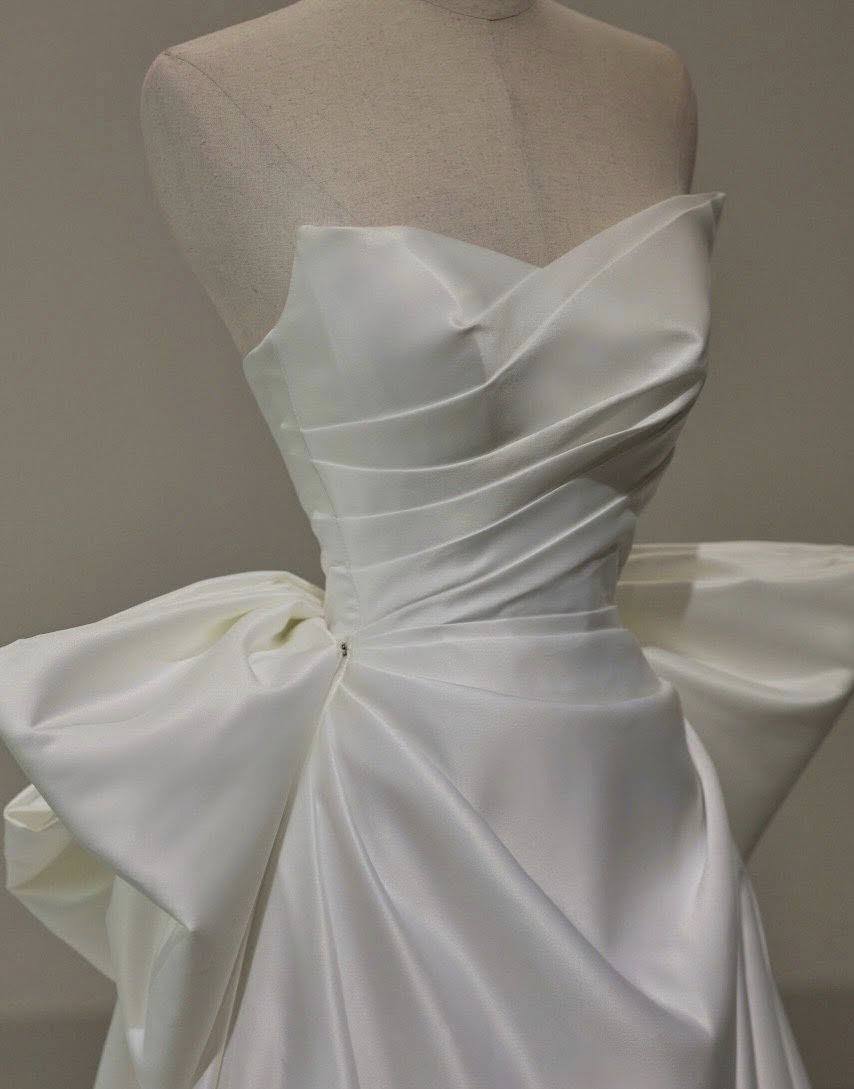 Beach Silk Satin A Line Wedding Dress Strapless with Big Bow