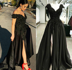 Vestidos de fiesta de encaje negro 2025, vestido formal con escote en V y apliques de satén con abertura