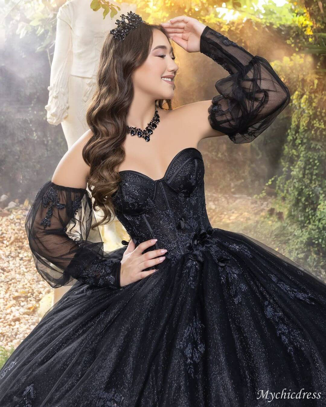 2025 Black Lace Sequin Sweet 15 Quinceanera Dresses With detachable sleeves - MyChicDress