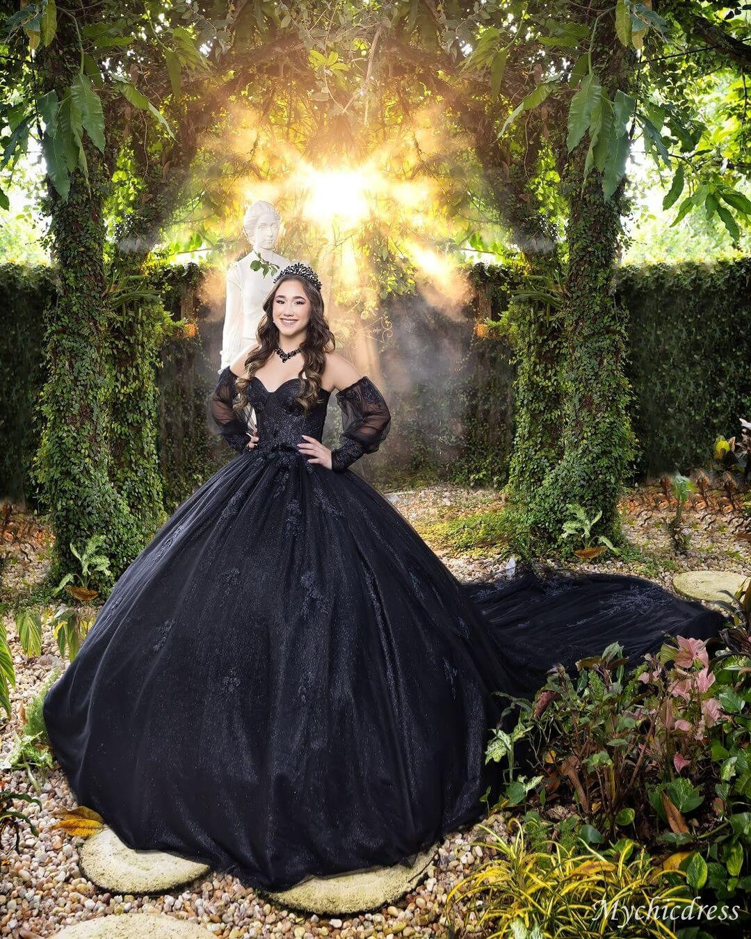 2025 Black Lace Sequin Sweet 15 Quinceanera Dresses With detachable sleeves - MyChicDress