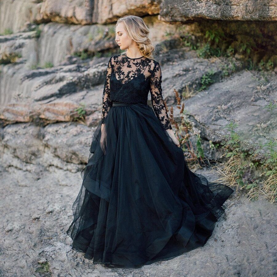 Black Lace Tulle Gothic Wedding Dresses Plus Size with Sleeves - MyChicDress