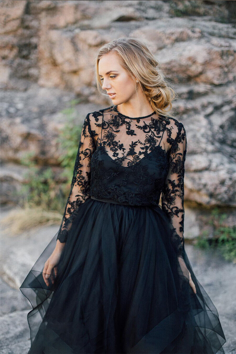 Black Lace Tulle Gothic Wedding Dresses Plus Size with Sleeves - MyChicDress