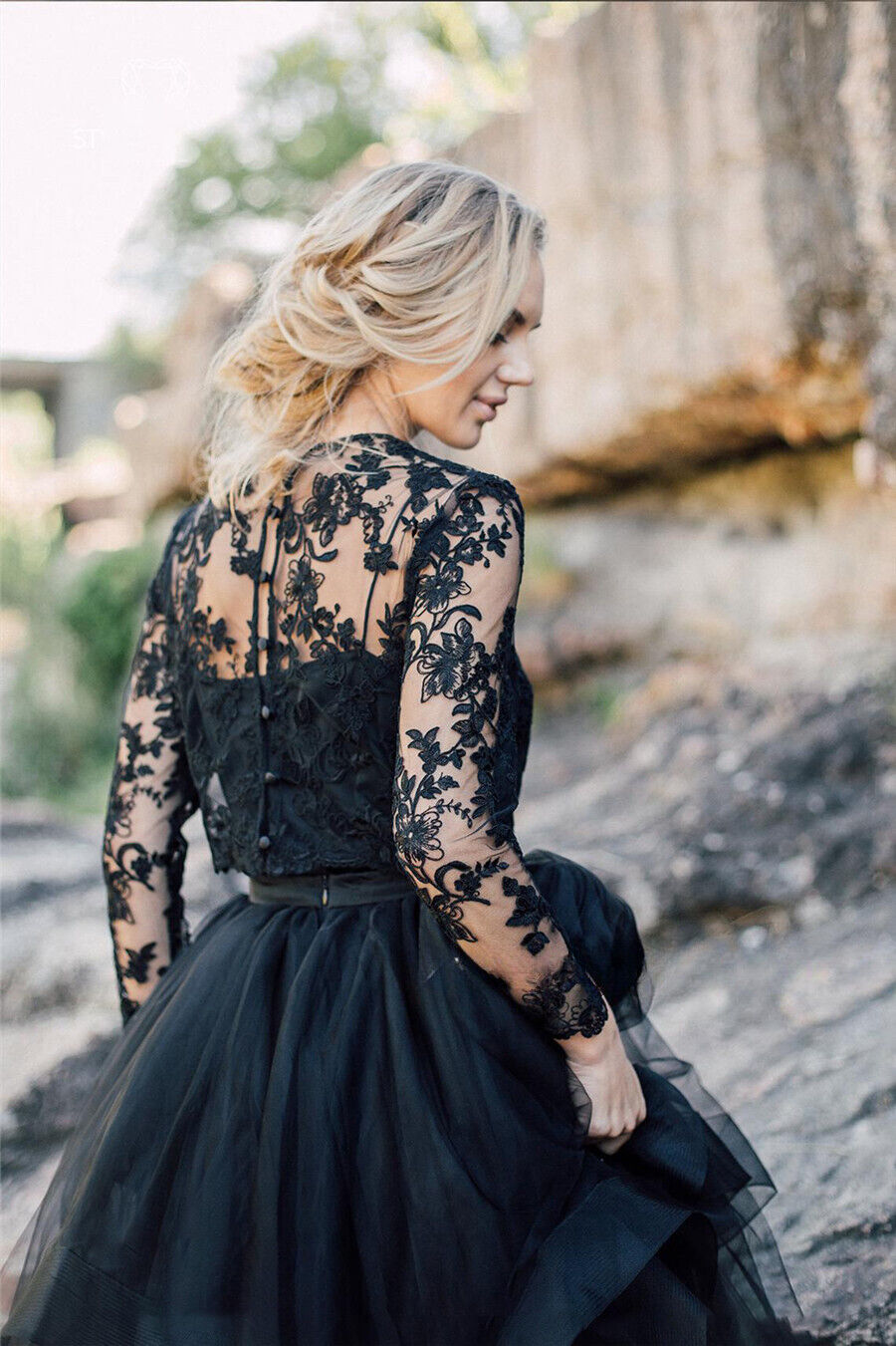 Black Lace Tulle Gothic Wedding Dresses Plus Size with Sleeves - MyChicDress
