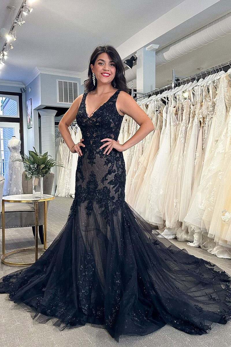 Black Lace 2025 Wedding Dress Appliques Mermaid V Neck Prom Dresses - MyChicDress
