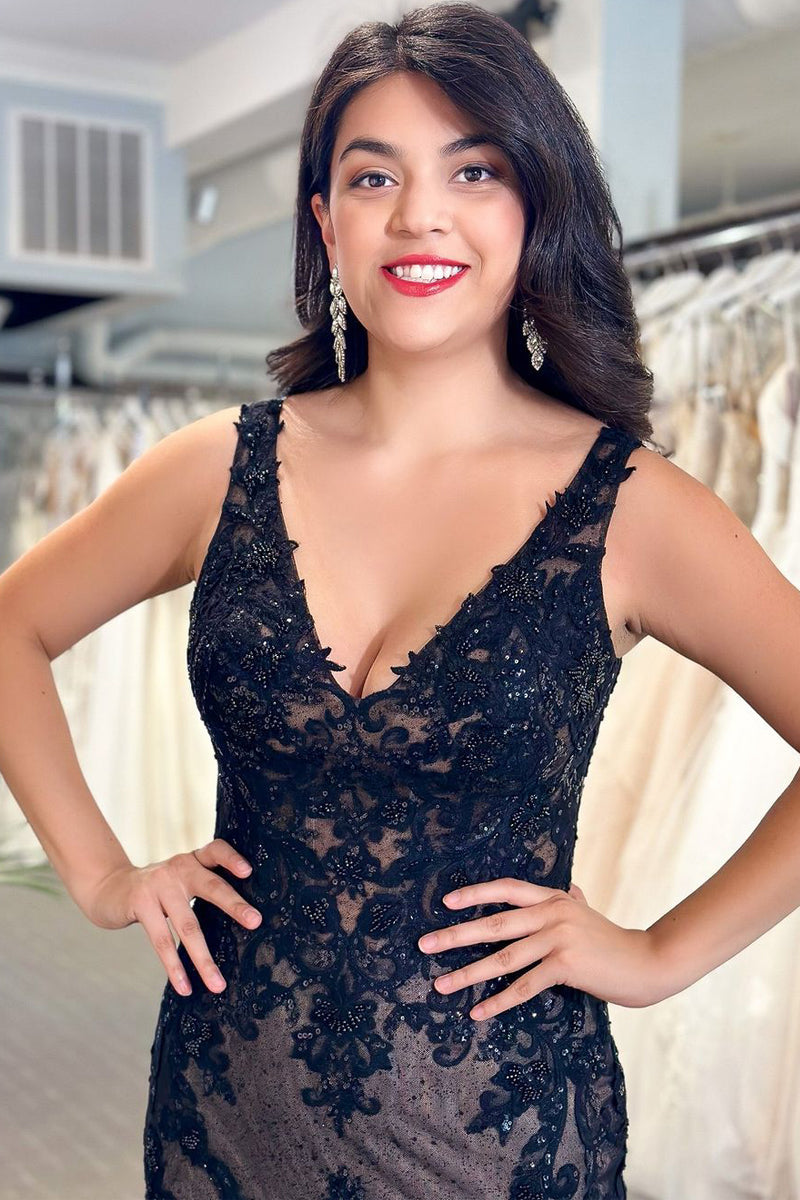 Black Lace 2025 Wedding Dress Appliques Mermaid V Neck Prom Dresses - MyChicDress