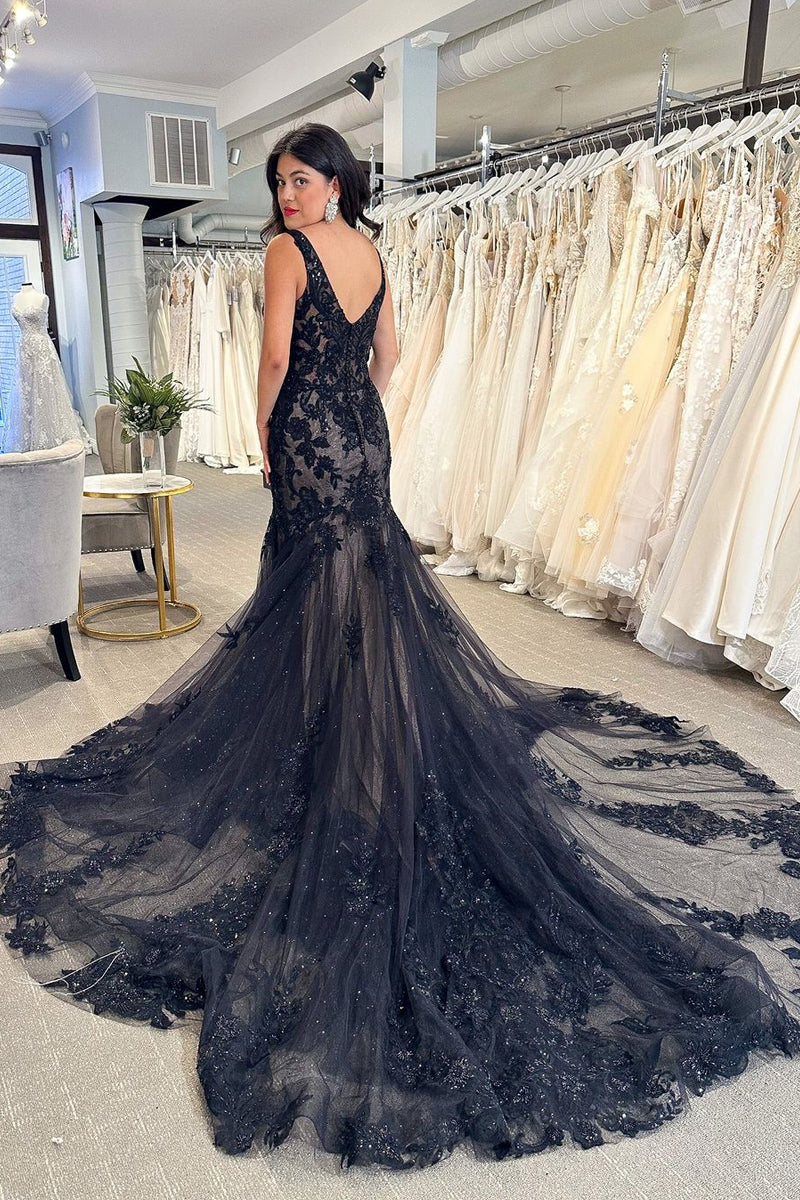 Black Lace 2025 Wedding Dress Appliques Mermaid V Neck Prom Dresses - MyChicDress