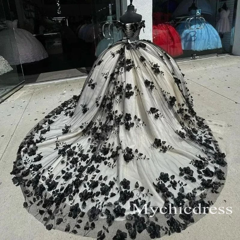 Vintage Black Quicneanera Dress with flowers 3D Puffy Sweet 16 Party Dress - MyChicDress