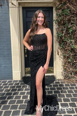 Black Sequins Prom Dress Strapless Mermaid Evening Gown Long with Slit