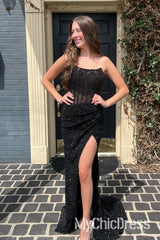 Black Sequins Prom Dress Strapless Mermaid Evening Gown Long with Slit