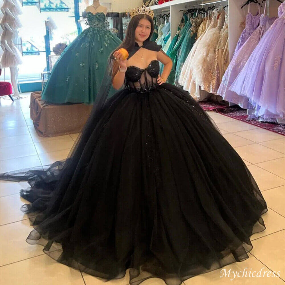 Vestido de fiesta de tul negro 2025 para quinceañeras, 15 vestidos, ve