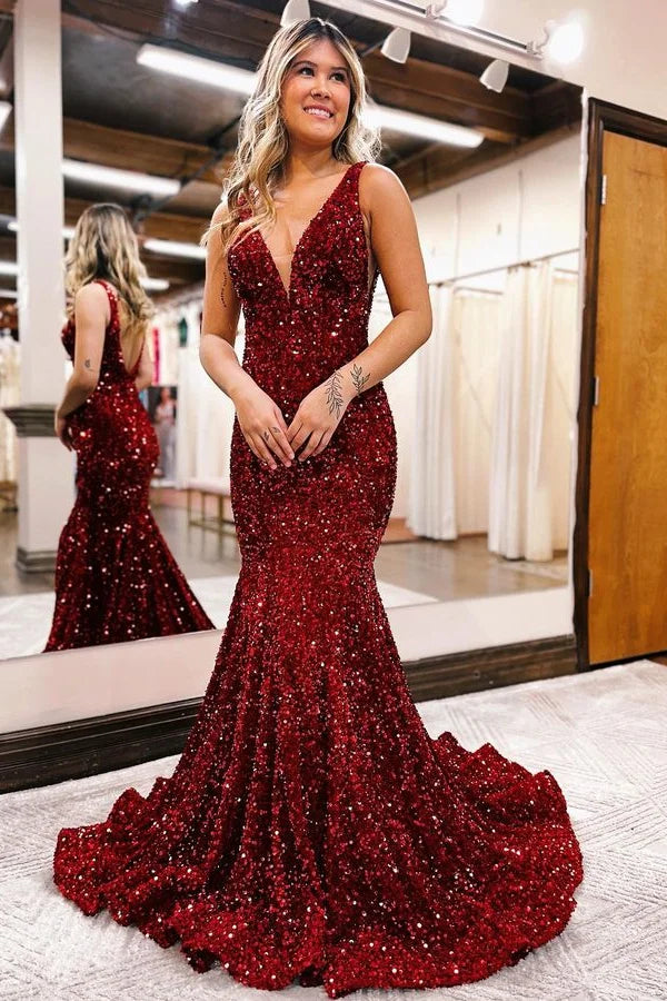 Black 2025 V Neck Prom Dresses Sequins Long UK Evening Dress Mermaid - MyChicDress