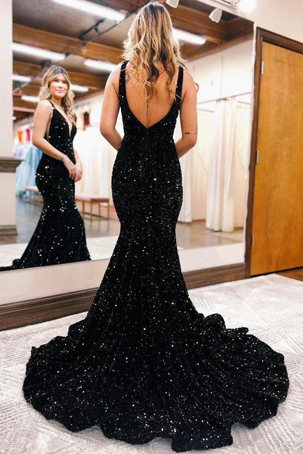 Black 2025 V Neck Prom Dresses Sequins Long UK Evening Dress Mermaid - MyChicDress