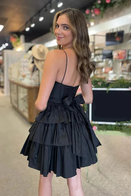 Black Sleeveless A-Line Tiered Satin Homecoming Dress with Ruffles