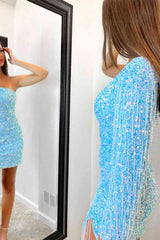 Blingbling Mini vestido de fiesta de manga larga 2024 Sirena azul claro