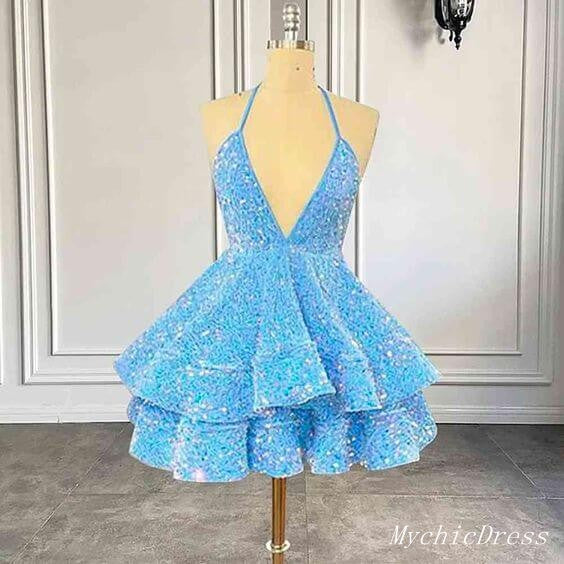 Blue Sequin Homecoming Dresses Sleeveless V Neck A Line Cocktail Dresses MyChicDress