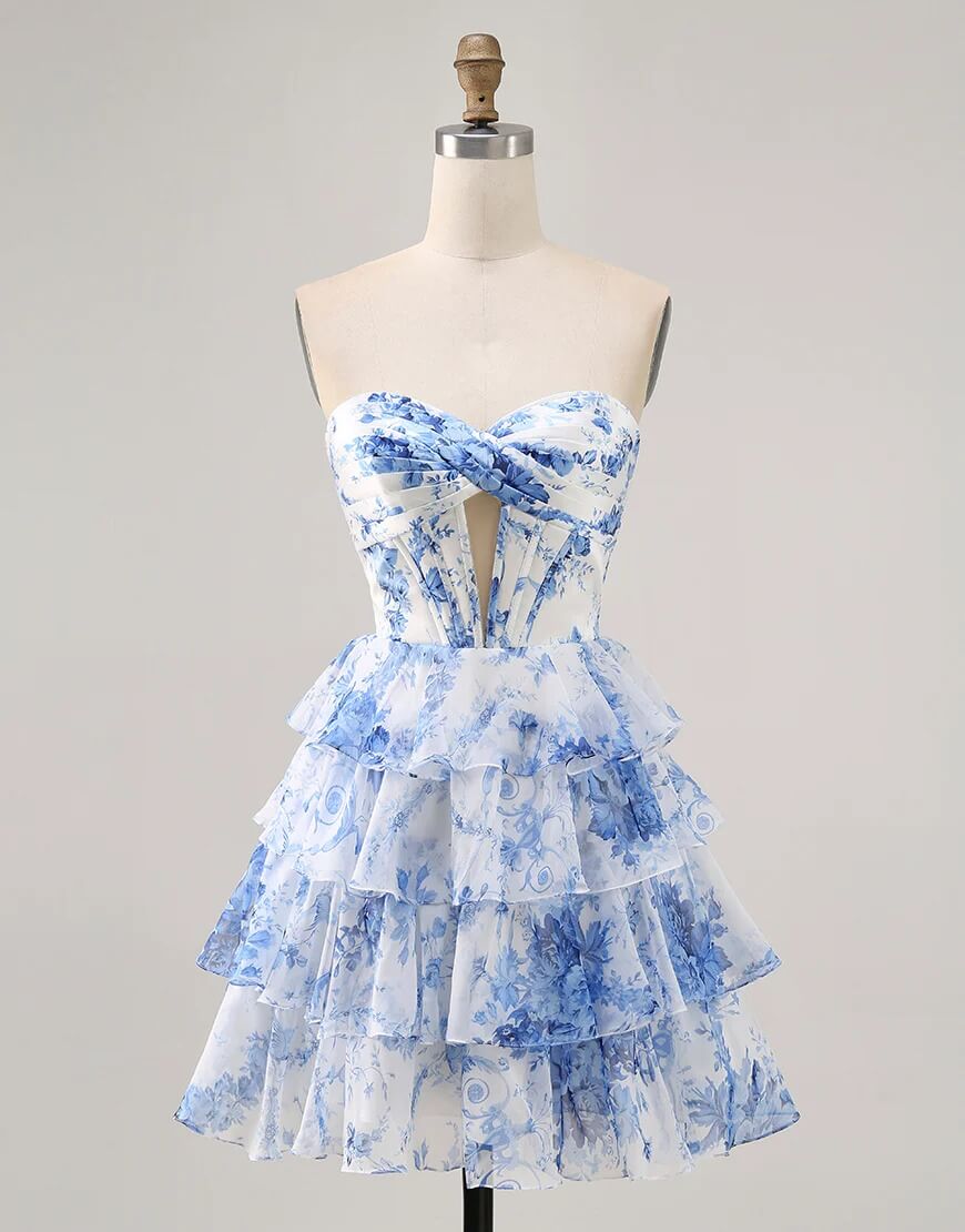 Blue Floral Short Prom Dresses Corset Tiered Homecoming Dress