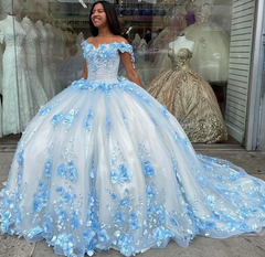 Vestido de encaje azul 2024 Sweet 16 con hombros descubiertos, flores en 3D, vestidos de quinceañera