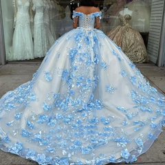 Vestido de encaje azul 2024 Sweet 16 con hombros descubiertos, flores en 3D, vestidos de quinceañera